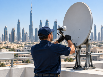 Satellite technician aligns dish above Dubai